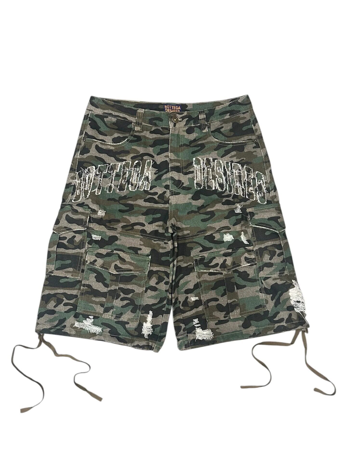Bottega Desires Cargo Shorts Distressed Camo Green
