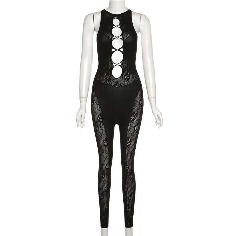 Spring Women Sexy Jacquard Fishnet Clothes Solid Color Hollow Out Cutout out High Elastic Tight Jumpsuit