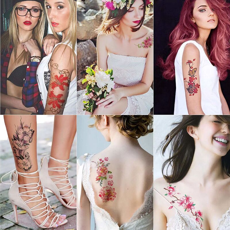 Colorful Sexy Flower Tattoo Sticker Peach Blossom Rose Peony Ladies Temporary Tattoo Creative