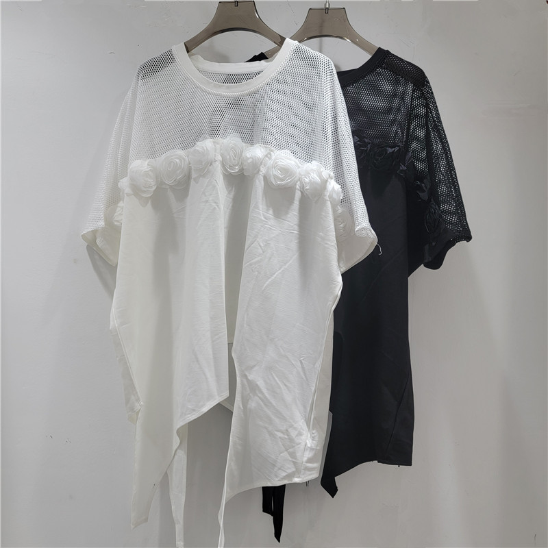 Diseño pesado de camisa de manga corta para mujeres 2026 nuevo estilo coreano flojo flor tridimensional empalme flojo camiseta irregular image 1