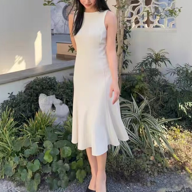 TH25 Spring and Summer New Simple Elegant High-end Triacetate Blended Sleeveless Fishtail Umbrella Skirt dress