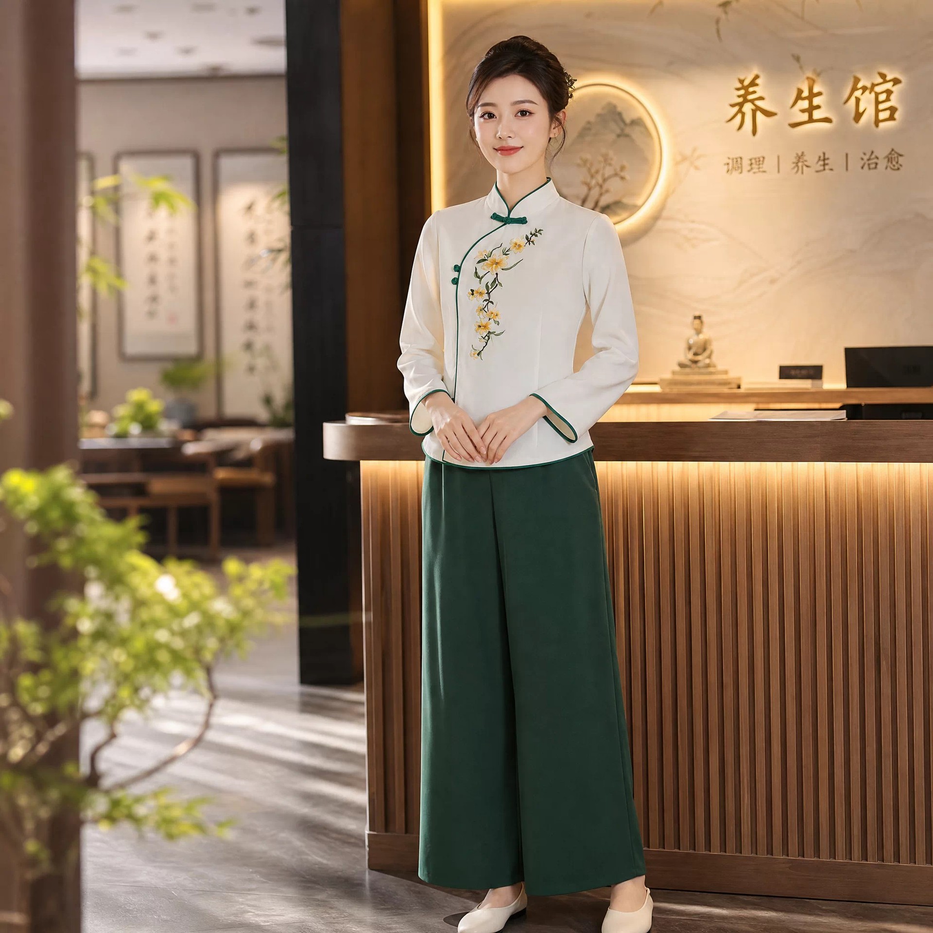 Beauty salon work clothes for women, high-end health spa, new Chinese style, autumn and winter Tang suit, cheongsam, head therapy, moxibustion, and physiotherapy therapist uniform