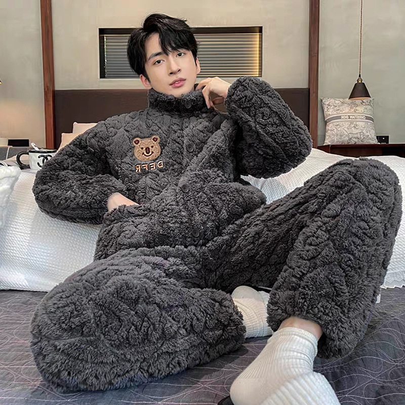 겨울 새 스탠드 칼라 파자마 남성 패딩 산호 양털 3 층 클립면 패딩 재킷 10 대들이 가정용 의류 도매 착용