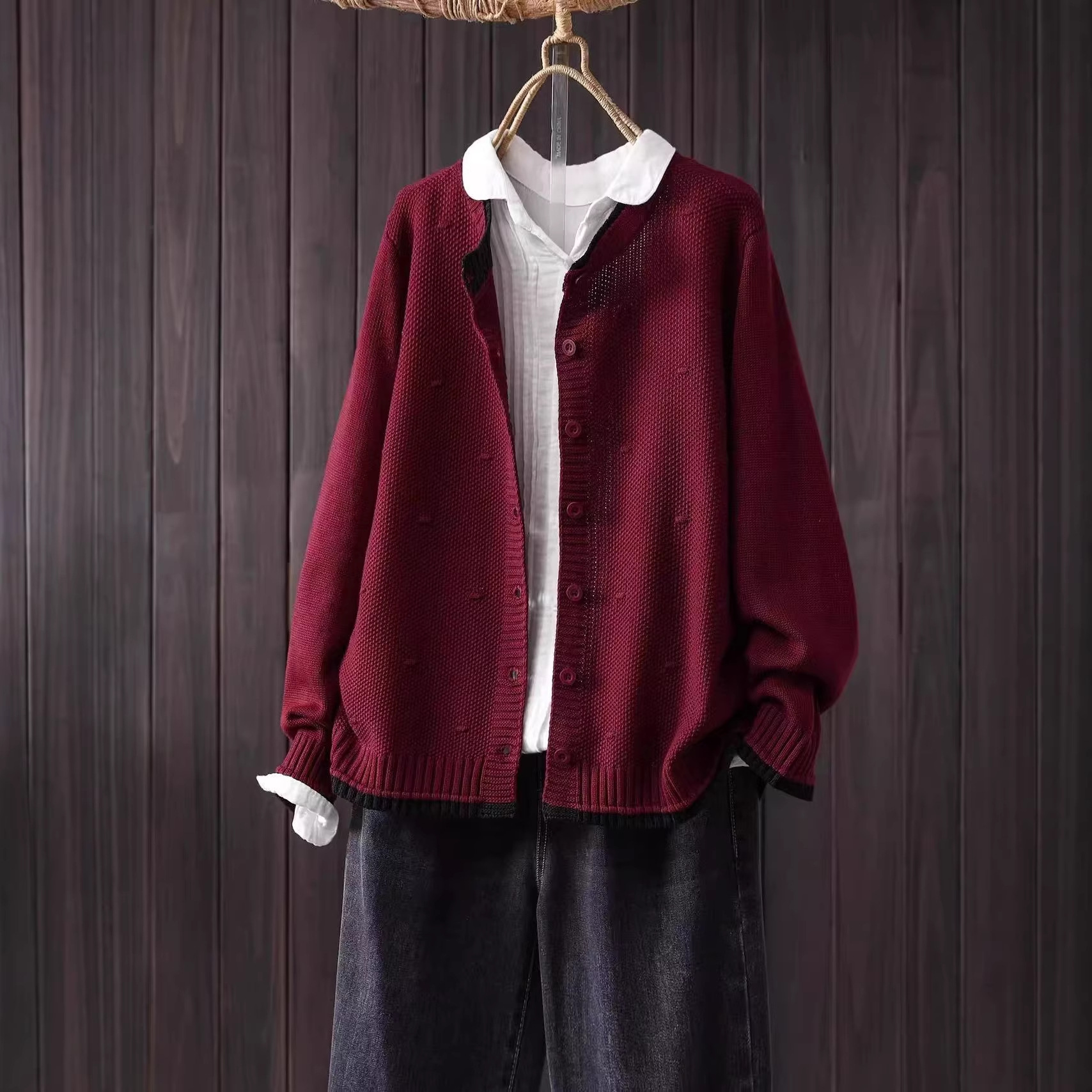 Autumn New Style Sweater Cardigan Jacket Women's Spliced Cotton Knitted Retro Casual Long-Sleeved Top 26065