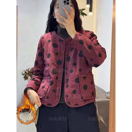 波点棉衣棉服女2025秋冬新款文艺复古保暖圆领面包服宽松百搭外套