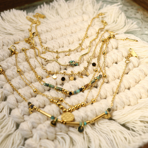 ins natural stone titanium steel bracelet French retro hand-beaded non-fading light luxury stacked African turquoise bracelet