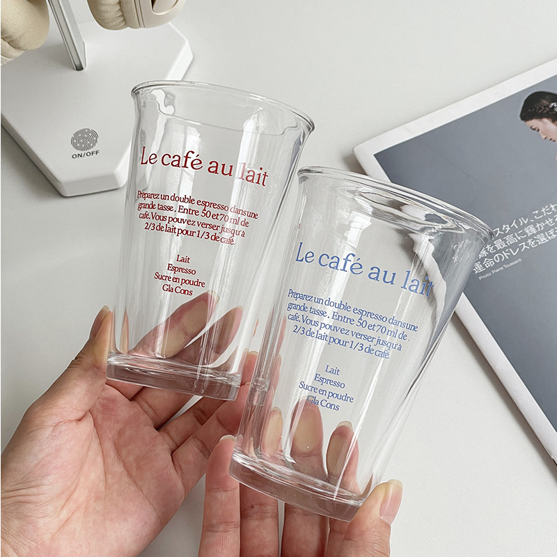 Glass Milk Cup Ins-Style Transparent Cup Office Home Water Cup with Lettering Wholesale Sodium-Calcium Glass Cup