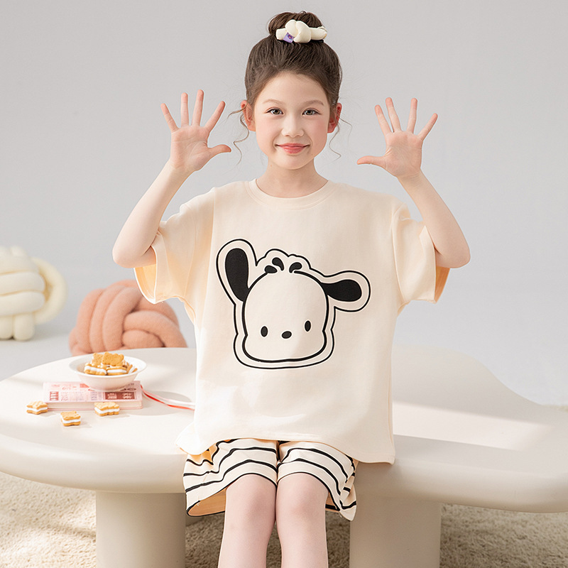 Children's Pajamas for Girls Spring and Summer Pure Cotton Thin Double Short Suit for Girls Middle and Big Children Cartoon Baby Home Clothes