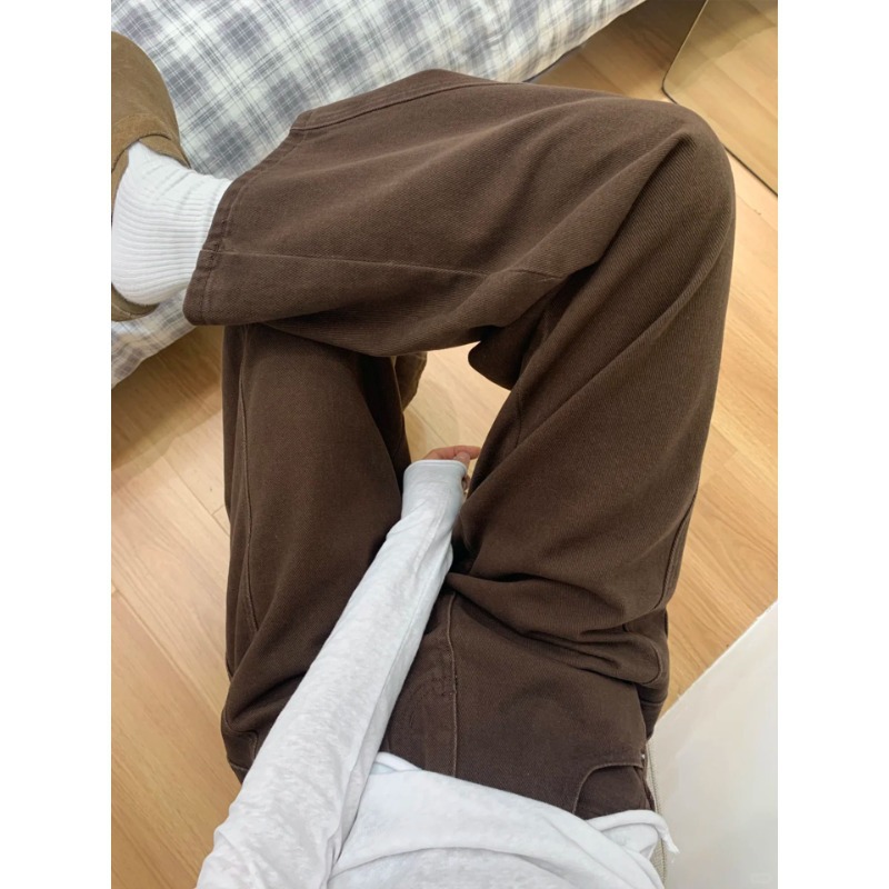棕色阔腿裤子女弯刀裤梨型身材直筒牛仔裤大码胖mm显瘦阔腿裤