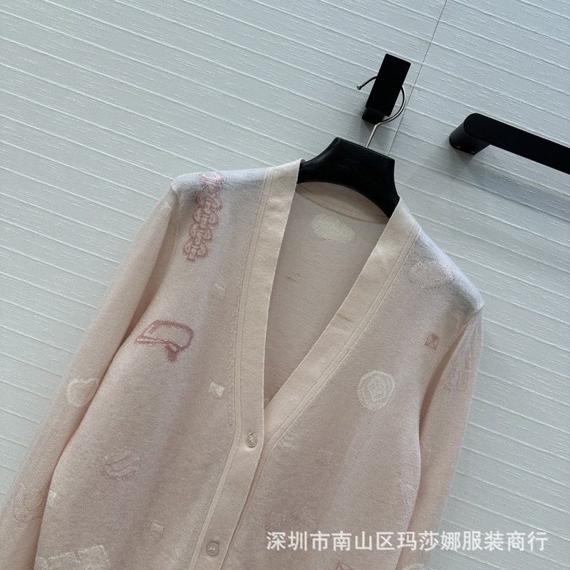 法式南油新款早秋时尚V领几何图案提花柔软羊绒长袖针织开衫百搭|undefined