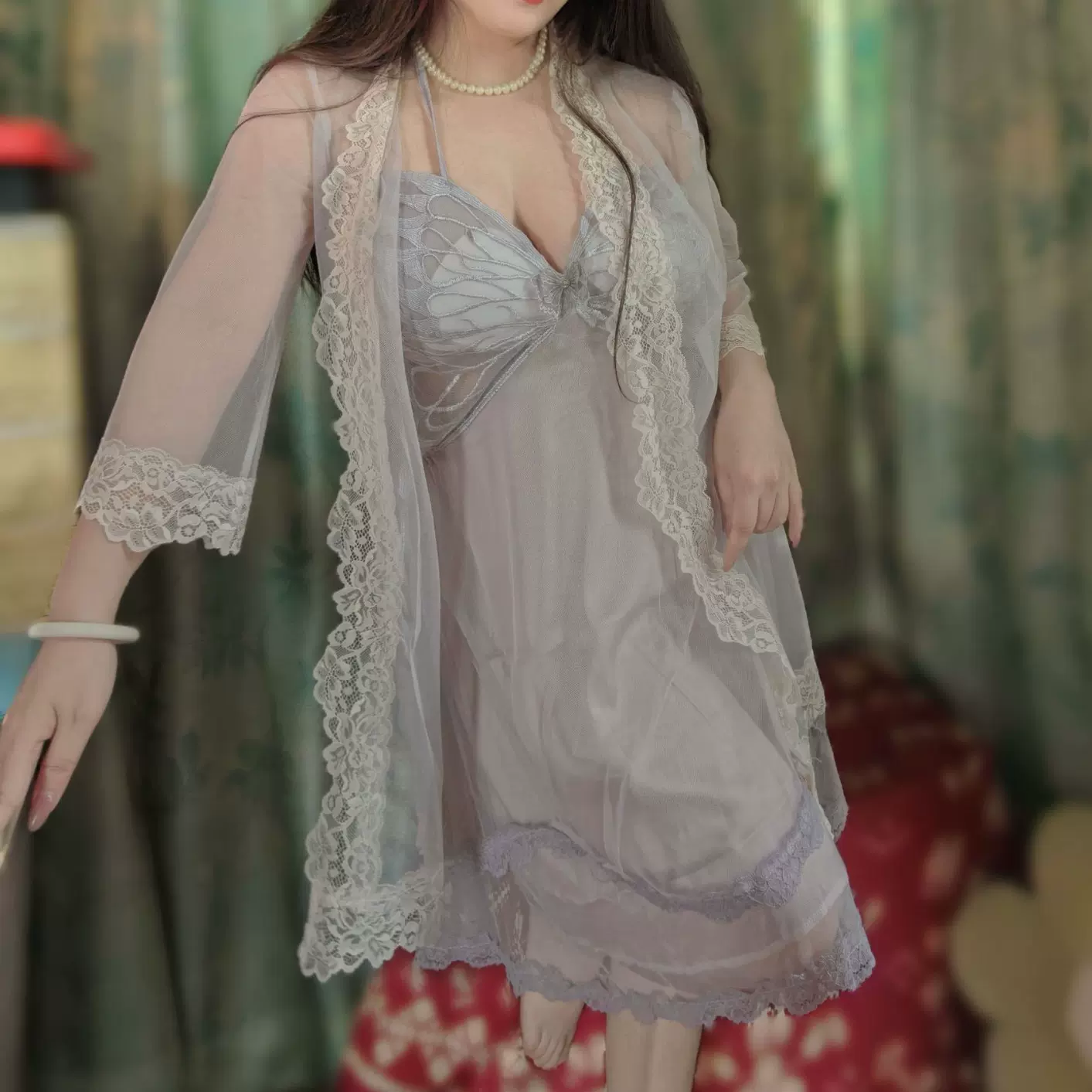 胖狐狸胖M性感露背加胸垫聚拢大码吊带睡裙外袍女家居服套装200斤