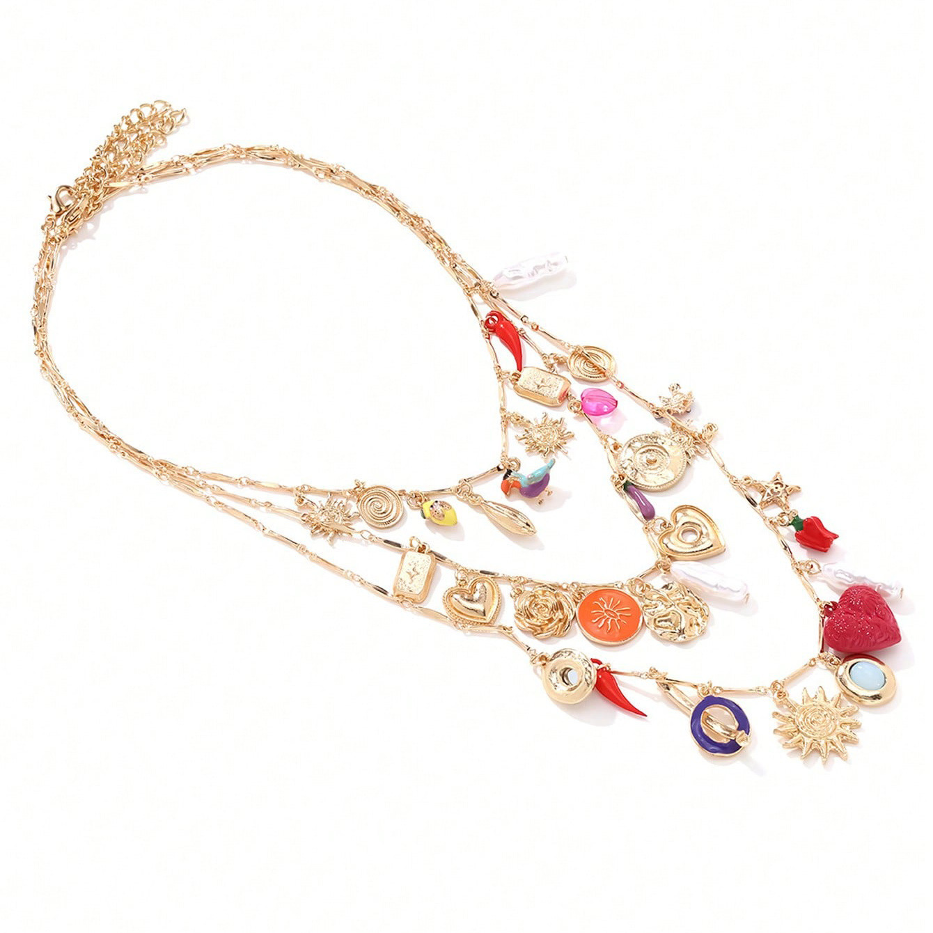 Bohemian Style Heart Bird Chili Multi-Layer Necklace European and American Exaggerated Pearl Multi-Accessory Necklace Cross-Border Ready Stock