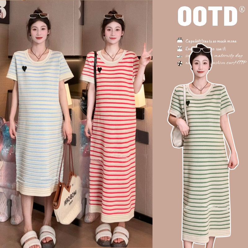 2026 Maternity Dress Summer Pregnancy Knitted Ice Silk Cut Out Stripesd Mid-Length Short-Sleeved T-Shirt Dress