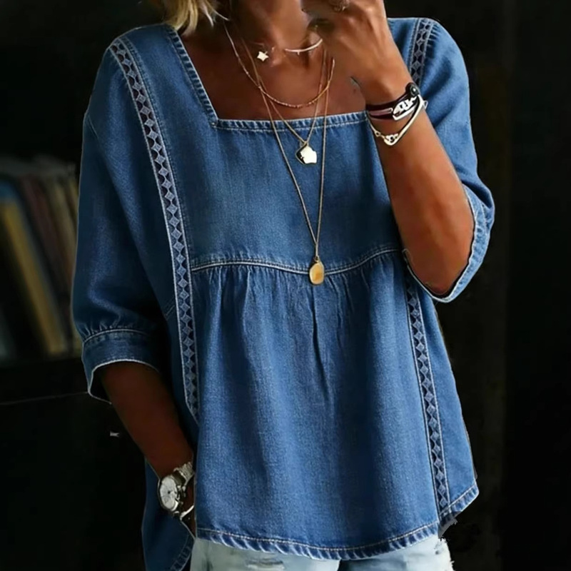 2026 Amazon Temu AliExpress Cross-Border New Denim Lace Patchwork Shirt European and American Style 2026 Amazon Temu AliExpress Cross-Border New Denim Lace Patchwork Shirt European and American Style