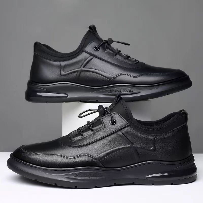 Men's Shoes Spring New Casual Business Leather Shoes Versatile Fashion Trendy Air Cushion Elastic Band Black Sports Leather Shoes