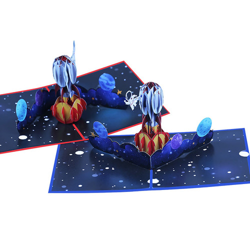 Manufacturer supplies color printed 3D greeting cards, creative space universe rocket blessings, hollow paper carving cards