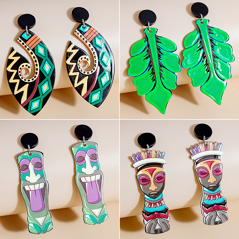 Fashion Cartoon Stud Earrings Retro Totem Green Leaf Earrings display picture 4