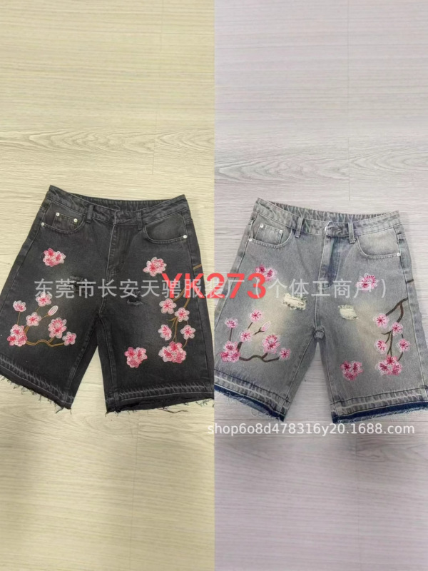 トレンディで多用途なファッショナブルなショートパンツ、クロスボーダー外国貿易、アメリカンレトロなパーソナライズされたストリートフラワー刺繍デニムショートパンツ、男性と女性用|undefined