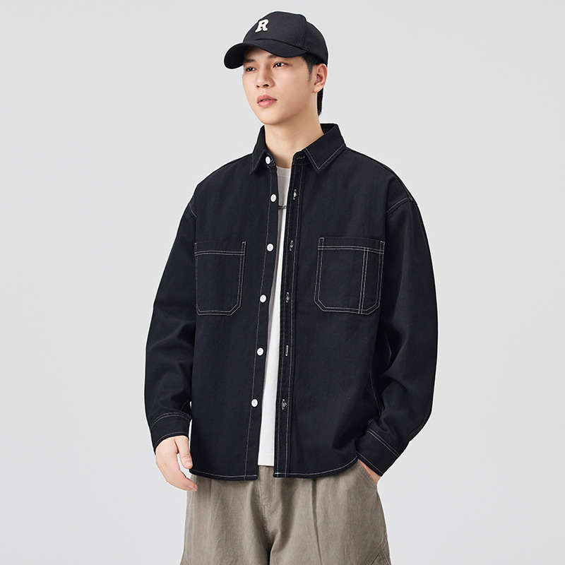 Denim Shirt Jacket Men's Spring & Fall Loose Casual Versatile Tops American Fashion Brand Pure Color Long-Sleeved Shirt for Men