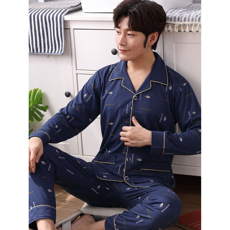 Pijamas de hombre de algodón de manga larga primavera y otoño, padre joven y de mediana edad, traje suelto de dos piezas de servicio a domicilio de talla grande