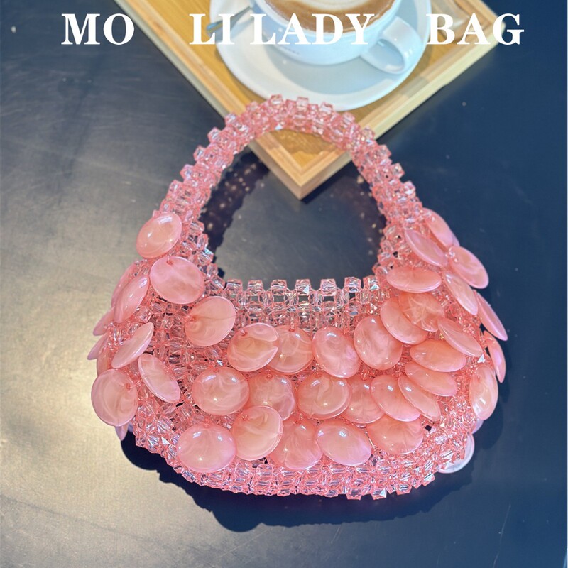 Vintage Barbie Pink Handmade Beaded Pearl Natural Large Shell Bucket Bag Crescent Bag Handbag for Women Vintage Barbie Pink Handmade Beaded Pearl Natural Large Shell Bucket Bag Crescent Bag Handbag for Women
