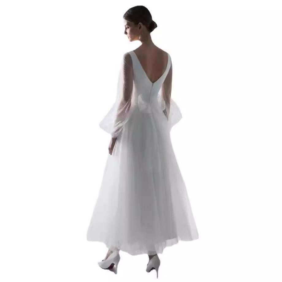 Comercio exterior europeo y americano Amazon AliExpress deseo nuevo profundo V burbuja malla manga larga MIDI vestido de novia
