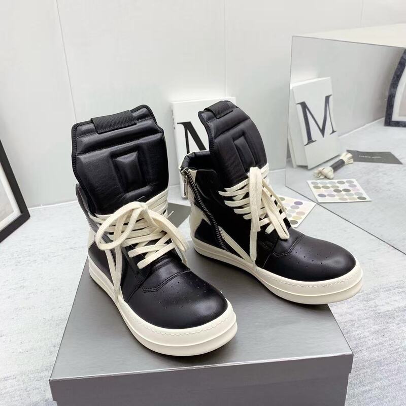 Rick Owens inverted triangle black and white genuine leather large size thick-soled high-top sneakers European and American dark style couple's short boots Rick Owens inverted triangle black and white genuine leather large size thick-soled high-top sneakers European and American dark style couple's short boots