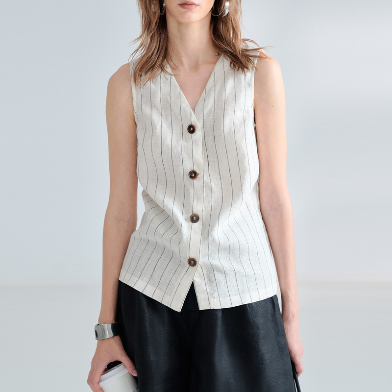 Old Money Style Elegant Linen Vest with Stripes, V-Neck, Sleeveless Top for Women, Summer Front Buttoned Loose Casual Vest Old Money Style Elegant Linen Vest with Stripes, V-Neck, Sleeveless Top for Women, Summer Front Buttoned Loose Casual Vest
