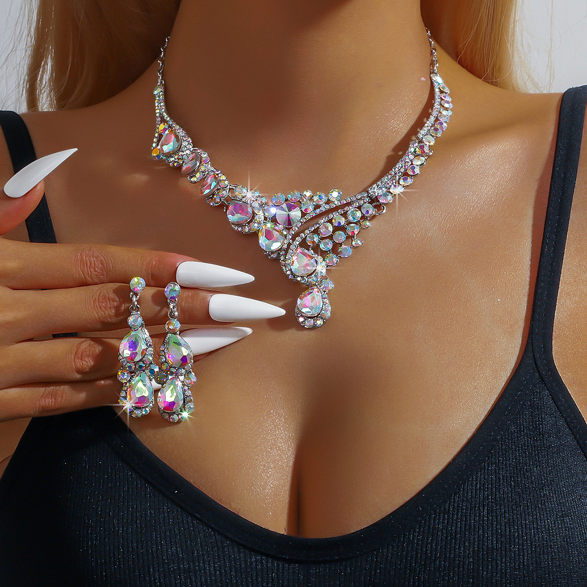 Braut bunte strass kristall halskette ohrring set für frauen dance kleid zubehör gerade_voghion.com