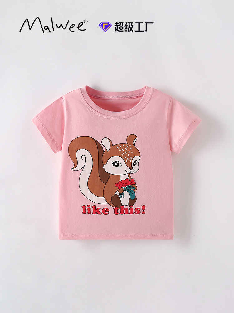 Malwee niñas de manga corta de verano nuevo estilo europeo y americano camiseta de niños de media edad, niñas de cuello redondo ropa infantil