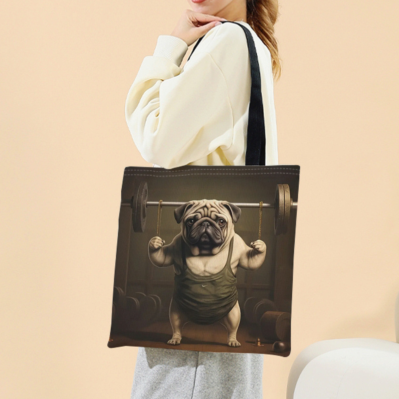 亚马逊跨境爆款健身哈巴狗图印花亚麻购物袋帆布包黑色手提袋批发