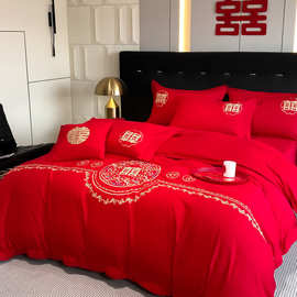 床品简约婚庆磨毛四件套结婚大红色陪嫁床品轻奢刺绣套件厂家批发
