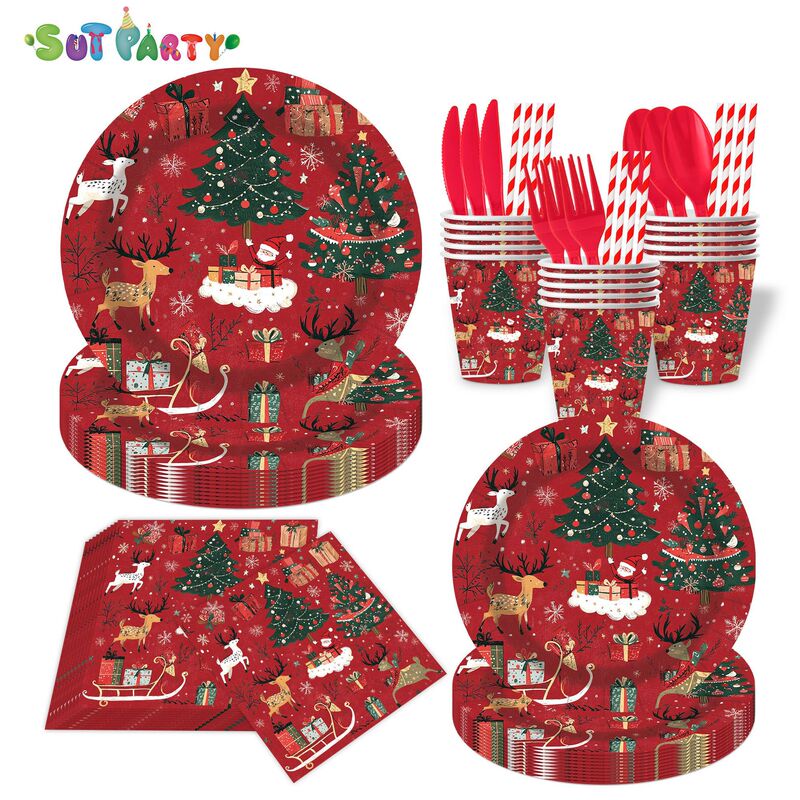 Cross-border Christmas forest-themed disposable paper plates, paper cups, paper napkins, tableware, birthday party set decoration