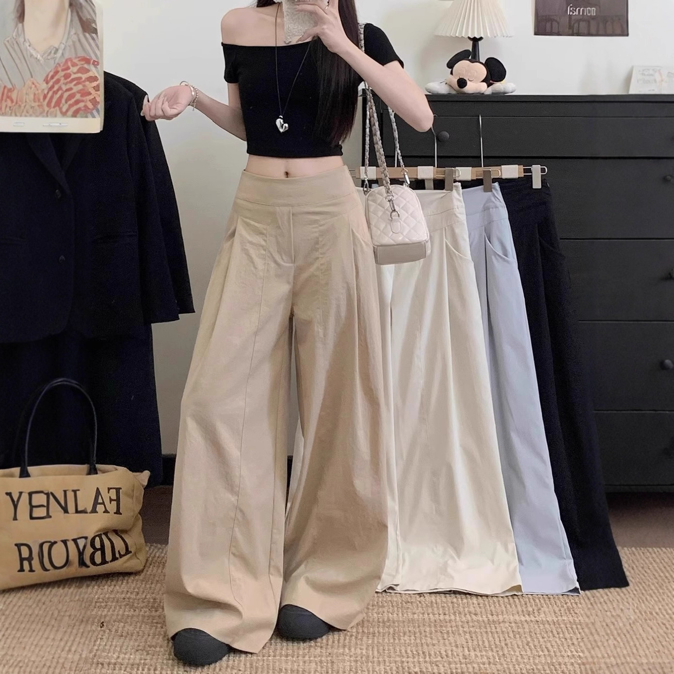 Designed with Side Zipper, High-Waisted Wide-Leg Pants for Women, Early Autumn 2025 New Style, Versatile, Drapey, Solid Color, Loose Casual Long Pants