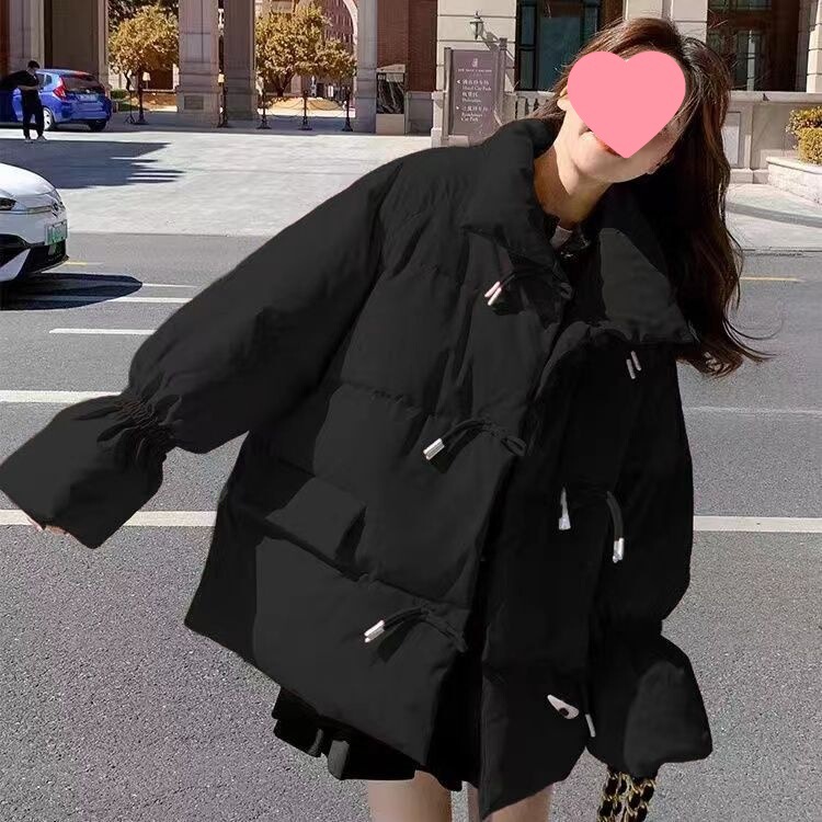 Horn Button Stand Collar down Cotton Jacket for Women, New Winter Style, Lightweight Loose Cotton Coat, Korean Style, Petite Cotton Outerwear, Trendy
