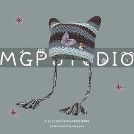 可爱猫耳朵毛线帽子女亚比风条纹手工针织帽新款百搭显脸小套头帽