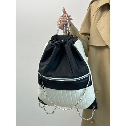 Black and white contrasting color backpack 2024 new casual student class backpack female large capacity nylon chain bucket bag