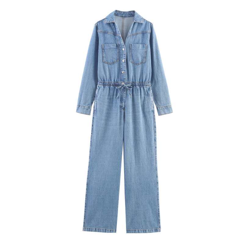 Long-Sleeved Amazon Adjustable Wholesale Jumpsuit New Women's Denim Long Summer Waist Lapel