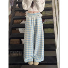 多巴胺蓝色格子裤子女夏季薄款蕾丝拼接高腰直筒休闲裤拖地阔腿裤