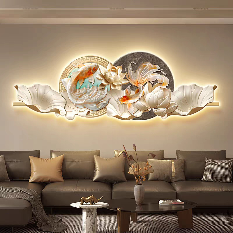 锦鲤轻奢led带灯客厅装饰画沙发背景墙挂画壁画简约现代高级感
