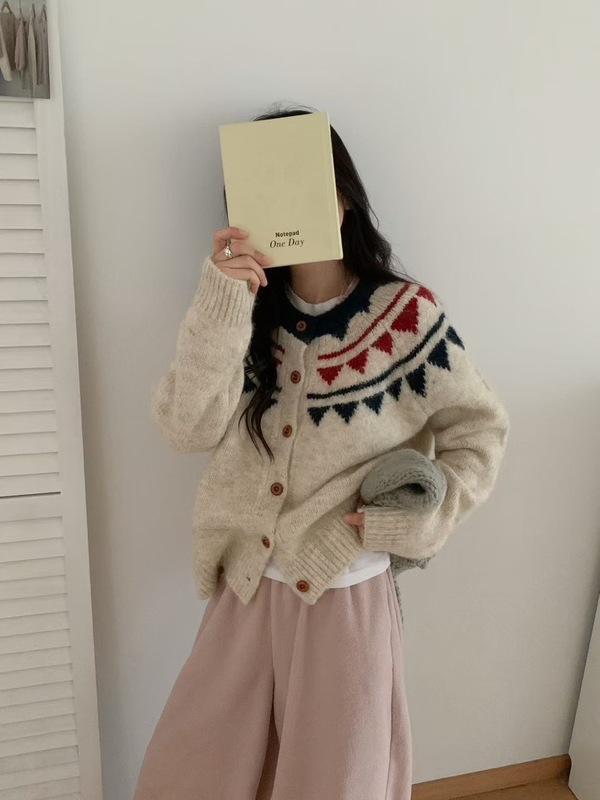 复古费尔岛羊毛显白毛衣外套女韩版秋冬新款宽松百搭洋气针织开衫|undefined