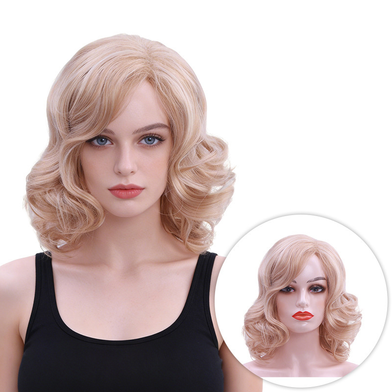 Cross-Border European and American Retro Marilyn Monroe Style Hollywood-Inspired Light Golden Wavy Medium-Short Hair Wig for Women Full Head Wig