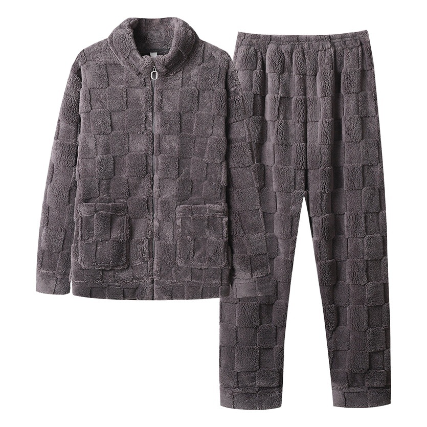 Pijamas de los hombres del otoño y el invierno Nuevo collar soporte cremallera engrosada manga larga coral fleece Home wear traje