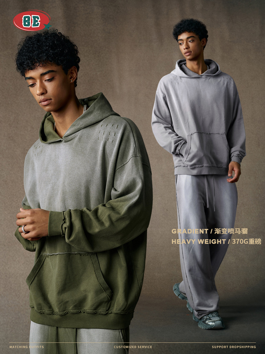 Be Hombres| 2025 otoño marca de moda americana frita flocos de nieve gradiente agujero agujero sudadera encapuchada pantalones de dos piezas para hombres