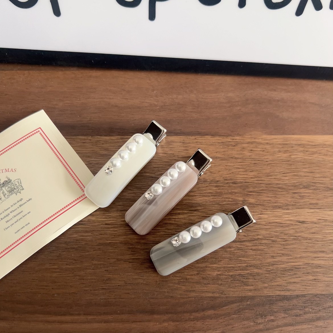 新款精緻百搭高級感珍珠水鑽冰感醋酸無痕髮夾鴨嘴夾側邊夾髮飾女