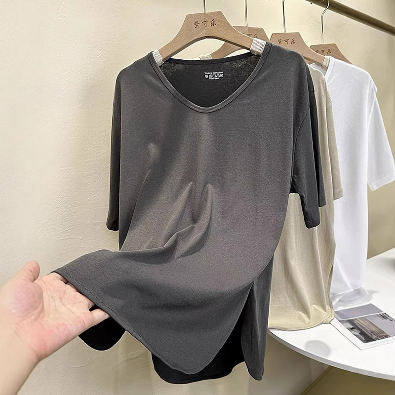 V-Neck Design Short-Sleeved T-Shirt for Women Pure Color Simple Slit Round Hem Mid-Length Top Large Size Loose Slimming Look Literary Summer