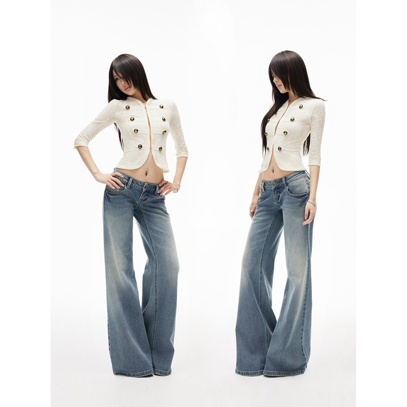 American-style retro denim low-waist loose-fitting flared pants for autumn, not tight-fitting, floor-length, available in two colors American-style retro denim low-waist loose-fitting flared pants for autumn, not tight-fitting, floor-length, available in two colors
