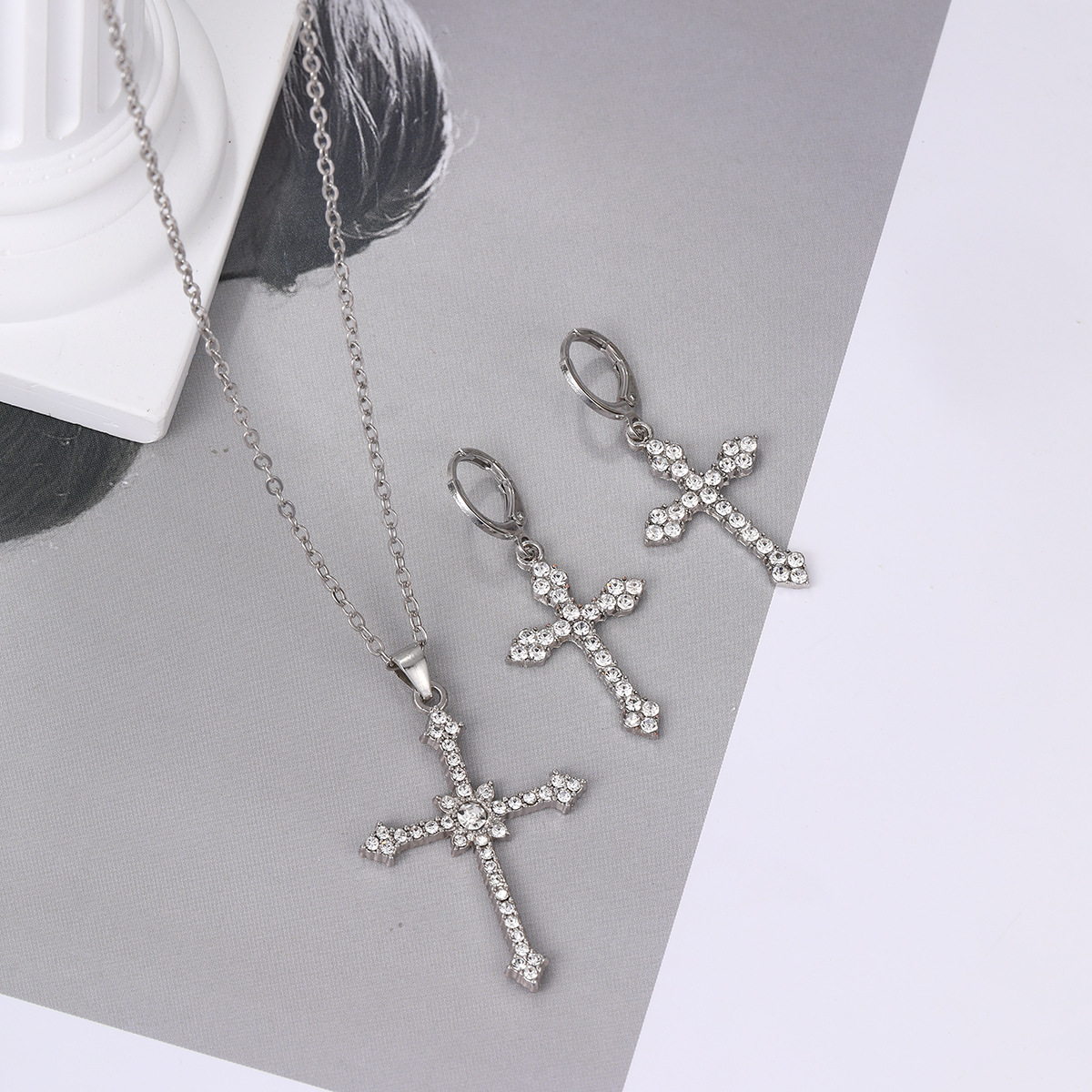 Rhinestone Cross Necklace And Earrings Set Two-piece Jewellery_voghion.com