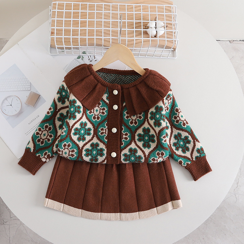 Robe pull longue pour filles, nouveau style jacquard d'automne et d'hiver, ensemble tricoté deux pièces, encolure inversée pour bébé fille_voghion.com