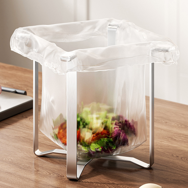 Stainless Steel Folding Trash Plastic Bag Holder Kitchen Countertop Desktop Simple Trash Can Multifunctional Storage